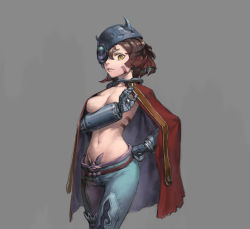 Rule 34 | 1girl, absurdres, arm under breasts, blue pants, breast hold, breasts, brown hair, cape, cowboy shot, facepaint, genderswap, genderswap (mtf), grey background, hand on own hip, highres, looking at viewer, made in abyss, mechanical arms, medium breasts, multicolored hair, one eye covered, pants, red cape, red hair, regu (made in abyss), short hair, simple background, solo, standing, streaked hair, topless, two-tone hair, unaligned breasts, yellow eyes, ykhyun