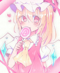 Rule 34 | 1girl, ascot, blonde hair, candy, collared shirt, crystal, eating, flandre scarlet, food, frilled shirt collar, frills, hair between eyes, happy, hat, highres, holding, holding candy, holding food, holding lollipop, lollipop, looking at viewer, medium hair, mob cap, one side up, puffy short sleeves, puffy sleeves, red eyes, red vest, shihara hazuki 816, shirt, short sleeves, solo, touhou, upper body, vest, white hat, white shirt, wings, yellow ascot