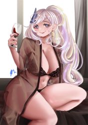 Rule 34 | 1girl, absurdres, black bra, black panties, blue eyes, bra, breasts, cleavage, closed mouth, cowboy shot, cup, drinking glass, earrings, highres, hololive, hololive indonesia, icedsolero (pixiv44011048), indoors, jewelry, large breasts, long hair, looking at viewer, navel, panties, pavolia reine, ponytail, silver hair, sitting, smile, solo, underwear, underwear only, virtual youtuber, window, wine glass