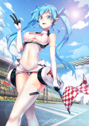 Rule 34 | 1girl, 2016, aqua eyes, aqua hair, arm at side, black panties, blue eyes, blue hair, blue sky, blurry, breasts, clothes writing, clothing cutout, cloud, colored eyelashes, covered navel, crowd, dated, day, depth of field, dress, elbow gloves, flag, gloves, goodsmile company, goodsmile racing, hatsune miku, highres, holding, holding flag, lens flare, long hair, looking at viewer, medium breasts, microdress, navel, outdoors, panties, race queen, racetrack, racing miku, racing miku (2014), see-through, signature, skin tight, skindentation, sky, smile, smiley face, solo focus, sun, taut clothes, thighhighs, turtleneck, twintails, underboob, underboob cutout, underwear, v, vocaloid, walking, white gloves, white thighhighs, x-boy