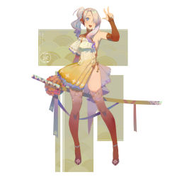 Rule 34 | 1girl, armpits, blue eyes, itoucon, looking at viewer, multicolored hair, open mouth, solo, standing, sword, thighhighs, weapon, zettai ryouiki