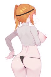 Rule 34 | 1girl, absurdres, ass, breasts, clothes lift, cowboy shot, cropped sweater, eonsang, facing away, female focus, from behind, girls&#039; frontline, grey sweater, highres, kalina (girls&#039; frontline), large breasts, long hair, long sleeves, nipples, orange hair, simple background, skindentation, sleep mask, solo, standing, sweater, sweater lift, turtleneck, turtleneck sweater, white background