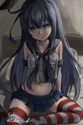 Rule 34 | 1girl, akatsuki (kancolle), bed, black hair, black neckerchief, black panties, blue eyes, breasts, closed mouth, cosplay, crop top, eckert&amp;eich, elbow gloves, empty eyes, gloves, hairband, highleg, highleg panties, highres, kantai collection, long hair, looking at viewer, microskirt, neckerchief, on bed, panties, pleated skirt, sailor collar, shimakaze (kancolle), shimakaze (kancolle) (cosplay), sidelocks, sitting, skirt, small breasts, solo, striped clothes, striped thighhighs, thighhighs, underwear, very long hair, white gloves