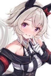 Rule 34 | 1girl, :p, animal ears, black hairband, blush, bow, curren chan (umamusume), dress, ear bow, ear covers, ear ribbon, gloves, grey hair, hairband, highres, horse ears, horse girl, looking at viewer, nosuke tmg, off-shoulder jacket, off shoulder, purple eyes, short hair, simple background, solo, striped clothes, striped dress, tongue, tongue out, umamusume, upper body, vertical-striped clothes, vertical-striped dress, white background, white gloves
