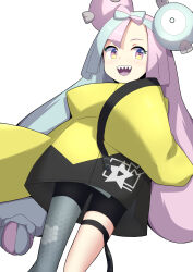 Rule 34 | 1girl, :d, absurdres, bike shorts, blush, bow-shaped hair, character hair ornament, commentary request, creatures (company), eyelashes, game freak, green hair, grey pantyhose, hair ornament, hand up, happy, highres, iono (pokemon), jacket, long hair, multicolored hair, nintendo, open mouth, pantyhose, pokemon, pokemon sv, purple eyes, single leg pantyhose, sleeves past fingers, sleeves past wrists, smile, solo, sorbitol, star (symbol), star print, teeth, thigh strap, tongue, twintails, two-tone hair, upper teeth only, white background, yellow jacket