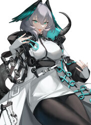 1girl absurdres arknights black_coat black_pantyhose black_tail chinese_commentary coat commentary cowboy_shot dress fingerless_gloves fingernails framed_breasts gloves green_eyes grey_gloves grey_hair grey_nails hair_between_eyes hair_intakes hand_up head_wings highres ho&#039;olheyak_(arknights) kira_(kirakrr) long_sleeves looking_at_viewer nail_polish open_clothes open_coat pantyhose short_dress short_hair simple_background smile solo tail tail_raised tongue tongue_out white_background white_coat white_dress wings
