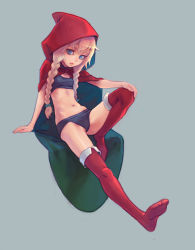 Rule 34 | 1girl, blonde hair, blue eyes, braid, cape, cloak, grimm&#039;s fairy tales, hood, lingerie, little red riding hood, little red riding hood (grimm), midriff, petite, red cape, red thighhighs, simple background, sitting, solo, thighhighs, twin braids, underwear, weno