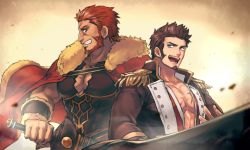 Rule 34 | 01rosso, 2boys, abs, armor, bara, beard, blue eyes, brown hair, cape, epaulettes, facial hair, fate/grand order, fate (series), fighting stance, huge weapon, iskandar (fate), leather, long sideburns, long sleeves, looking at another, male focus, multiple boys, muscular, napoleon bonaparte (fate), open clothes, open mouth, pectoral cleavage, pectorals, red eyes, red hair, scar, sideburns, simple background, smile, smirk, sword, weapon