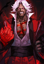 Rule 34 | capcom vs snk 2, collarbone, dark-skinned male, dark persona, dark skin, energy, facial hair, gloves, glowing, glowing eyes, glowing hand, god rugal, high collar, hungry clicker, mustache, open hand, red eyes, rugal bernstein, shirt, snk, the king of fighters, torn clothes, torn shirt, tuxedo, white hair, white shirt