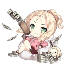 Rule 34 | 2girls, 6p62 (girls&#039; frontline), :d, artist request, banknote, blonde hair, blush, blush stickers, brown dress, cash cannon, chibi, crossed legs, curly hair, currency strap, dollar bill, dollar sign, dress, fairy (girls&#039; frontline), full body, girls&#039; frontline, golden fairy (girls&#039; frontline), green eyes, grin, gun, holding, holding gun, holding money, holding weapon, jacket, long sleeves, looking at viewer, lying, money, money bag, multiple girls, no socks, official art, open mouth, parted bangs, pink jacket, pleated skirt, ponytail, raised eyebrow, red skirt, rich, short hair, simple background, skirt, slippers, slit pupils, smile, third-party source, transparent background, weapon, white bag, zipper