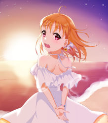 Rule 34 | 1girl, absurdres, alternate hairstyle, antenna hair, arm behind back, arms behind back, artist name, artist request, bare shoulders, beach, blush, bow, braid, breasts, cleavage, cloud, collarbone, dress, female focus, frill trim, frills, hair bow, halter dress, halterneck, highres, jewelry, looking at viewer, looking back, love live!, love live! school idol festival, love live! school idol festival all stars, love live! sunshine!!, medium breasts, mizuki mhr, nail polish, neck ribbon, necklace, ocean, off-shoulder dress, off shoulder, orange hair, outdoors, parted lips, red eyes, ribbon, short hair, sky, sleeveless, sleeveless dress, smile, solo, star (sky), star (symbol), star necklace, sunset, takami chika, twintails, white bow, white dress
