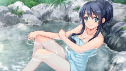 Rule 34 | 1girl, artist request, artwhirl mahou gakuen no otome-tachi, bare arms, blue eyes, blue hair, breasts, cleavage, closed mouth, collarbone, day, game cg, hair between eyes, hair over shoulder, kimura kitaka, long hair, looking at viewer, medium breasts, naked towel, onsen, outdoors, partially submerged, sidelocks, sitting, smile, solo, towel, ur (artwhirl)