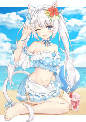 Rule 34 | 1girl, ;d, absurdres, animal ear fluff, animal ears, apron, arm garter, bare shoulders, barefoot, beach, bikini, blue eyes, blue skirt, braid, breasts, cat ears, cat girl, cat tail, choker, collarbone, crop top, flower, frilled choker, frills, hair flower, hair ornament, hand up, headdress, highres, kuroida, long hair, looking at viewer, maid, maid apron, maid bikini, maid headdress, medium breasts, midriff, miniskirt, navel, ocean, one eye closed, open mouth, original, outdoors, pleated skirt, polka dot, ribbon, side slit, sitting, skirt, sleeveless, smile, solo, stomach, strapless, swimsuit, tail, tail ornament, tail ribbon, thighlet, tube top, twintails, unconventional maid, v, waist apron, white hair