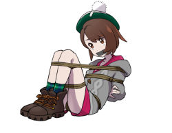 Rule 34 | 1girl, absurdres, arms behind back, bob cut, boots, brown eyes, brown footwear, brown hair, buttons, cardigan, chimu xingcheng, commentary request, creatures (company), dress, full body, gag, gagged, game freak, gloria (pokemon), green hat, green socks, grey cardigan, hat, highres, hooded cardigan, improvised gag, legs together, looking up, nintendo, official style, pink dress, plaid, plaid legwear, pokemon, pokemon swsh, shibari, short hair, simple background, socks, solo, tam o&#039; shanter, tape, tape gag, white background
