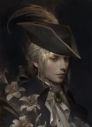 Rule 34 | 1girl, ascot, bettydesujiang, black background, black bow, blonde hair, bloodborne, bow, brown hat, closed mouth, gradient background, grey flower, hair bow, hat, hat feather, highres, lady maria of the astral clocktower, long hair, looking at viewer, ponytail, shiny skin, solo, the old hunters, tricorne, upper body