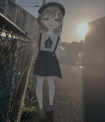 Rule 34 | 1girl, arms behind back, beret, black hat, black ribbon, black skirt, brown eyes, chain-link fence, collared shirt, commentary, dutch angle, expressionless, fence, flower, full body, hair flower, hair ornament, hair ribbon, half-closed eyes, hat, hatoba tsugu, highres, light brown hair, loafers, looking at viewer, mole, mole under eye, neck ribbon, open mouth, outdoors, photo background, power lines, ribbon, shadow, shirt, shirt tucked in, shoes, short hair, si (sitisi 28), skirt, solo, standing, sun, sunlight, suspender skirt, suspenders, tsugu (vtuber), utility pole, virtual youtuber, weeds, white flower, white shirt