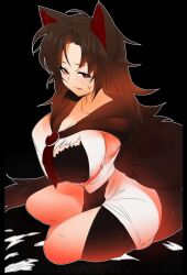 Rule 34 | 1girl, animal ears, between legs, black bra, blush, bra, breasts, brooch, brown hair, cleavage, commentary, dress, frilled bra, frills, full body, hand between legs, highres, imaizumi kagerou, jewelry, large breasts, long hair, looking at viewer, mizuga, open mouth, red eyes, sitting, solo, sweat, symbol-only commentary, tail, tearing up, torn clothes, torn dress, touhou, underwear, white dress, wolf ears, wolf girl, wolf tail