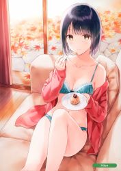 Rule 34 | 1girl, absurdres, aqua bra, aqua pants, artist name, autumn, autumn leaves, bare legs, bare shoulders, blush, bra, breasts, closed mouth, collarbone, couch, curtains, feet out of frame, food, fork, highres, hiten (hitenkei), holding, holding fork, holding plate, indoors, jacket, knee up, lace, lace-trimmed bra, lace trim, long sleeves, looking at viewer, lying, medium breasts, melonbooks, navel, off shoulder, on back, on couch, open clothes, open jacket, original, panties, pants, pillow, plate, purple hair, red jacket, scan, smile, solo, sweets, underwear, wooden floor, yellow eyes