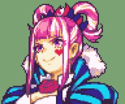 Rule 34 | 1girl, blunt bangs, commentary, facial mark, fire emblem, fire emblem engage, glaceo, green background, hair rings, heart, hortensia (fire emblem), lowres, nintendo, pink eyes, pink hair, pixel art, portrait, puffy sleeves, short hair, sidelocks, simple background, smile, solo