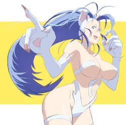 Rule 34 | 1girl, animal ears, animal hands, bad id, bad pixiv id, big hair, blue eyes, blue hair, breasts, capcom, cat ears, cat paws, felicia (vampire), fur, hifumi chiyoko, large breasts, long hair, matching hair/eyes, navel, open mouth, simple background, slit pupils, solo, vampire (game)
