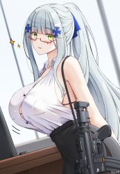 Rule 34 | 1girl, artist name, assault rifle, bare shoulders, black skirt, blush, breasts, collared shirt, from side, girls&#039; frontline, glasses, green eyes, grey hair, gun, h&amp;k hk416, highres, hk416 (girls&#039; frontline), keenh, large breasts, long hair, looking at viewer, parted lips, ponytail, rifle, shirt, shirt tucked in, sidelocks, skirt, sleeveless, smile, weapon