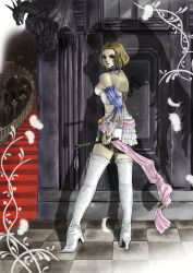 Rule 34 | 1girl, angel wings, angela (castlevania), back, bad id, bad pixiv id, bare shoulders, blonde hair, blue eyes, bob cut, boots, breasts, bridal gauntlets, brown hair, castlevania (series), castlevania pachislot, choker, corset, crop top, detached sleeves, feathers, from behind, high heels, looking back, mace, midriff, miniskirt, night, peony (pixiv), sash, shadow, shoes, short hair, sideboob, silhouette, skirt, smile, solo, stairs, standing, statue, thigh boots, thighhighs, wavy hair, weapon, white thighhighs, wings