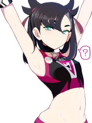 Rule 34 | 1girl, ?, alternate costume, aqua eyes, armpits, arms up, asymmetrical bangs, asymmetrical hair, bad id, bad pixiv id, black choker, black hair, breasts, choker, commentary request, creatures (company), game freak, hair ribbon, highres, kuyou (artist), long hair, looking at viewer, marnie (pokemon), medium hair, midriff, navel, nintendo, pokemon, pokemon swsh, red ribbon, ribbon, simple background, small breasts, solo, speech bubble, spoken question mark, stomach, twintails, upper body, white background