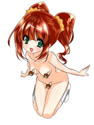 Rule 34 | 00s, 1girl, censored, censored nipples, character censor, collarbone, eyebrows, green eyes, highres, idolmaster, idolmaster (classic), maetaku, no nose, nonowa, novelty censor, nude, open mouth, outstretched arms, red hair, socks, solo, spread arms, takatsuki yayoi, twintails
