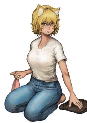 Rule 34 | 1girl, absurdres, animal ears, blonde hair, blue pants, blush, breasts, chanta (ayatakaoisii), denim, fox ears, full body, highres, jeans, large breasts, looking at viewer, pants, parted lips, seiza, shirt, short sleeves, simple background, sitting, slit pupils, solo, sweat, touhou, wet, white background, white shirt, yakumo ran, yellow eyes