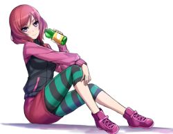 Rule 34 | 10s, 1girl, blush, boots, bottle, full body, holding, jacket, leggings, long sleeves, looking at viewer, love live!, love live! school idol festival, love live! school idol project, nishikino maki, purple eyes, red hair, shoes, sitting, sketch, skirt, smile, solo, striped, striped leggings, tonee, track jacket, water bottle, white background