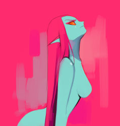 Rule 34 | 1girl, artist request, ass, blue skin, breasts, colored skin, female focus, fins, fish girl, from side, head fins, highres, looking up, nude, pointy ears, red hair, solo, undertale, undyne, upper body, yellow eyes