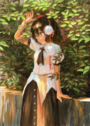 Rule 34 | 1girl, arm up, ascot, black ascot, black hair, black skirt, brown eyes, dappled sunlight, day, fjsmu, hair between eyes, hat, head tilt, hedge, highres, leaning on object, long skirt, looking to the side, outdoors, pointy ears, pom pom (clothes), puffy short sleeves, puffy sleeves, red hat, shameimaru aya, shirt, short hair, short sleeves, skirt, solo, standing, stone wall, sunlight, tokin hat, touhou, untucked shirt, wall, white shirt