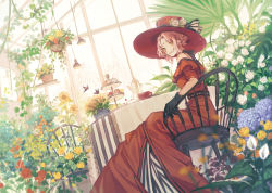 Rule 34 | 1girl, bare shoulders, belt, black gloves, black ribbon, braid, bug, butterfly, chair, chinese commentary, choker, commentary, cup, dress, flower, flower pot, food, frilled dress, frills, garden, gloves, green eyes, haruno sakura, hat, hat flower, hat ornament, highres, indoors, insect, lace trim, long dress, looking at viewer, looking to the side, naruto, naruto (series), orange flower, parted lips, pastry, pink hair, plant, potted plant, purple flower, red dress, red flower, red hat, ribbon, senryoko, short hair, sitting, solo, sunflower, table, tablecloth, white flower, window, yellow flower