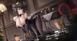 Rule 34 | 1girl, absurdres, all fours, antique phone, ass, ass cutout, azur lane, black dress, black flower, black hair, black rose, bodystocking, breasts, brown gloves, cat, chair, checkered floor, chen hai (azur lane), chen hai (vestibule of wonders) (azur lane), china dress, chinese clothes, clothes writing, clothing cutout, corded phone, detached collar, dress, elbow gloves, flower, full body, gloves, highres, holding, holding tray, indoors, jfzm001, lace, lace-trimmed gloves, lace trim, lamppost, large breasts, manjuu (azur lane), official alternate costume, pelvic curtain, phone, red eyes, reflective floor, rose, rotary phone, strapless, taut clothes, taut dress, tight clothes, tight dress, tray