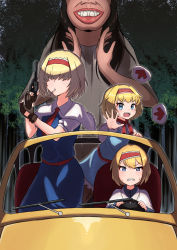 Rule 34 | 4girls, absurdres, algodoo, alice margatroid, arrow (symbol), blonde hair, blue dress, blue eyes, blush, boots, brown footwear, brown hair, capelet, cigarette, clenched teeth, closed mouth, collared capelet, commentary request, cookie (touhou), dress, driving, feet out of frame, frilled capelet, frills, gun, hair between eyes, hair over eyes, hairband, handgun, highres, holding, holding gun, holding weapon, ichigo (cookie), jeep, jigen (cookie), long hair, looking at viewer, manatsu no yo no inmu, motor vehicle, multiple girls, necktie, open mouth, pinky (inmu), red hairband, red necktie, revolver, taisa (cookie), teeth, touhou, tree, tsugumi amon, weapon, white capelet