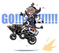 Rule 34 | 1girl, arknights, black gloves, black skirt, blue shirt, blush, brown hair, chibi, commentary request, drill, drooling, english text, flower, flower on head, full body, gloves, green eyes, horns, jacket, long hair, motor vehicle, mouth drool, open mouth, outstretched arm, pallas (arknights), petals, pointing, raigou, riding, shirt, simple background, skirt, smile, solo, tail, white background, white jacket