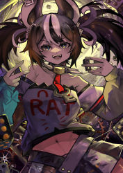 Rule 34 | 1girl, absurdres, animal ears, asymmetrical sleeves, backlighting, bare shoulders, blue eyes, blue sleeves, clothes writing, collar, crop top, cross bangs, crossed bangs, detached sleeves, dice, dot nose, dyed bangs, english text, fangs, gears, hakos baelz, highres, hololive, hololive english, jewelry, key, looking ahead, looking at viewer, microskirt, mouse ears, multicolored hair, navel, pendant, pendant choker, pleated skirt, red hair, shirt, skirt, solo, spiked collar, spikes, strapless, striped clothes, striped skirt, teeth, tube top, twintails, virtual youtuber, vyragami, white shirt, white sleeves, yellow sleeves