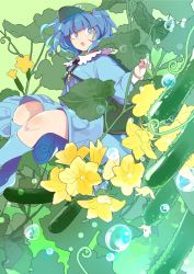 Rule 34 | 1girl, :o, backpack, bag, blue eyes, blue footwear, blue hair, blue shirt, blue skirt, blunt bangs, boots, collared shirt, commentary request, cucumber, eyelashes, flat cap, flower, frilled shirt collar, frills, green hat, hair bobbles, hair ornament, hat, highres, kawashiro nitori, kerok (joniko1110), key, knees, long sleeves, medium hair, plant, pocket, rubber boots, shirt, short twintails, sidelocks, simple background, skirt, skirt set, solo, touhou, twintails, two side up, vines, water drop, yellow flower