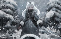 Rule 34 | 1girl, artist name, bad id, bad pixiv id, black gloves, black scarf, brown eyes, commission, fur trim, gloves, grey sky, grey theme, hat, headwear request, holding, holding sword, holding weapon, long hair, looking at viewer, original, scarf, sky, snow, snowing, solo, sonchi, standing, sword, tree, weapon, white hair, white hat, winter