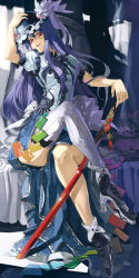 Rule 34 | 1girl, adapted costume, alternate costume, blue hair, crossed legs, female focus, hand on headwear, hat, high heels, hinanawi tenshi, legs, long hair, red eyes, shoes, single thighhigh, sitting, smile, solo, sword, sword of hisou, thighhighs, throne, tomasu, touhou, tsurukame, weapon, white thighhighs