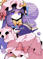 Rule 34 | 1girl, blunt bangs, book, bow, bowtie, braid, crescent, crescent hat ornament, hat, hat ornament, highres, holding, holding book, long hair, looking at viewer, mob cap, patchouli knowledge, purple eyes, purple hair, solo, touhou, twin braids, yellow bow, yellow bowtie, yoruuta