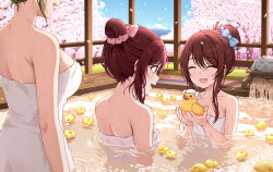 Rule 34 | 3girls, ^ ^, absurdres, alstroemeria (idolmaster), bath, breasts, brown hair, cherry blossoms, closed eyes, collarbone, commentary request, falling petals, food, fruit, highres, idolmaster, idolmaster shiny colors, kuwayama chiyuki, large breasts, looking at object, mountain, multiple girls, naked towel, ofuro, osaki amana, osaki tenka, partially submerged, petals, refraction, rubber duck, sorugi park, towel, water drop, white towel, yuzu (fruit), yuzu bath