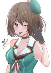Rule 34 | 1girl, 9610 (kuroto), absurdres, aqua hat, bad anatomy, bad arm, beret, black gloves, blue eyes, blush, breasts, brown hair, candy, chocolate, chocolate heart, cleavage, collarbone, dated, food, gloves, grin, hair between eyes, hair ornament, hat, heart, highres, kantai collection, large breasts, maya (kancolle), maya kai ni (kancolle), mouth hold, one-hour drawing challenge, one eye closed, short hair, simple background, smile, solo, twitter username, uniform, upper body, v, white background, x hair ornament