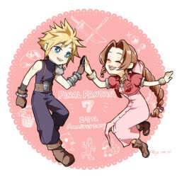Rule 34 | 1boy, 1girl, aerith gainsborough, anniversary, armor, bangle, belt, blonde hair, blue eyes, blue pants, blue shirt, boots, border, bracelet, braid, braided ponytail, brown belt, brown footwear, brown gloves, brown hair, center opening, chocobo, choker, closed eyes, cloud strife, cropped jacket, dress, final fantasy, final fantasy vii, floating, full body, gloves, hair ribbon, high five, jacket, jewelry, jo ro ri, light blush, long dress, long hair, looking at another, moogle, open mouth, pants, parted bangs, pink background, pink dress, pink ribbon, puffy short sleeves, puffy sleeves, red jacket, ribbon, ribbon choker, sabotender, shirt, short hair, short sleeves, shoulder armor, sidelocks, single bare shoulder, single braid, single shoulder pad, sleeveless, sleeveless turtleneck, smile, spiked hair, suspenders, turtleneck, twitter username, white border