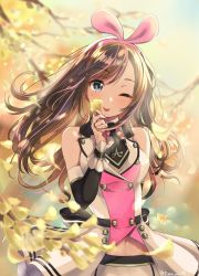 Rule 34 | 1girl, ;p, autumn, autumn leaves, blue eyes, blurry, blush, bow, breasts, brown hair, commentary request, depth of field, detached sleeves, floating hair, flower, ginkgo leaf, hair between eyes, hairband, highres, holding, holding flower, kizuna ai, kizuna ai (elegant), kizuna ai inc., leaf, long hair, looking at viewer, medium breasts, multicolored hair, navel, one eye closed, outdoors, pink hair, ribbon, sailor collar, shorts, sidelocks, signature, smile, solo, streaked hair, timo wei95, tongue, tongue out, virtual youtuber, wind, wind lift