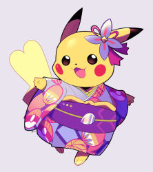 Rule 34 | :3, :d, artsy-rc, clothed pokemon, creatures (company), game freak, gen 1 pokemon, grey background, highres, japanese clothes, kimono, long sleeves, looking at viewer, nintendo, no humans, obi, open mouth, pikachu, pokemon, pokemon (creature), purple kimono, purple sash, sash, signature, simple background, smile, solo, wide sleeves
