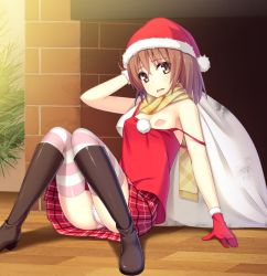 Rule 34 | 1girl, boots, breasts, brown eyes, brown hair, chimney, fallen down, gloves, hat, ihara asta, looking at viewer, nipples, original, plaid, plaid scarf, plaid skirt, red gloves, sack, santa hat, scarf, short hair, sitting, skirt, solo, striped clothes, striped thighhighs, thighhighs, yellow scarf