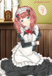 Rule 34 | 1girl, alternate costume, apron, ark royal (kancolle), baretto (firearms 1), black dress, blue eyes, blunt bangs, blush, bob cut, bow, bowtie, curtains, dress, enmaided, flower, frilled apron, frilled dress, frills, hair flower, hair ornament, hand on own arm, head tilt, highres, indoors, juliet sleeves, kantai collection, long sleeves, looking at viewer, maid, maid headdress, parted lips, puffy sleeves, radio, red bow, red bowtie, red flower, red hair, red rose, rose, short hair, sitting, solo, speech bubble, spoken squiggle, squiggle, tareme, twitter username, white apron, window