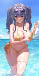 Rule 34 | 1girl, absurdres, azur lane, bikini, blush, breast hold, breasts, cleavage, collarbone, eyewear on head, highres, large breasts, long hair, official alternate costume, onedoo, partially submerged, pola (azur lane), pola (seaside coincidence) (azur lane), purple hair, red eyes, side-tie bikini bottom, solo, sunglasses, swimsuit, thighhighs, twintails, water, wet, white thighhighs, yellow bikini