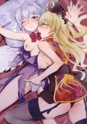 Rule 34 | 2girls, angel wings, artist request, backboob, bed sheet, black legwear, blush, bow, bowtie, breasts, breasts out, chinese clothes, clenched teeth, commentary request, commission, dress, eyelashes, feathered wings, female masturbation, full-face blush, garter straps, gunnjou yosio, hand in panties, holding hands, interlocked fingers, junko (touhou), kishin sagume, large areolae, large breasts, long hair, looking at viewer, lying, masturbation, medium breasts, multiple girls, nipple slip, nipples, no bra, on back, on bed, one eye closed, open clothes, open mouth, panties, phoenix crown, pillow, pom pom (clothes), puffy nipples, purple dress, purple panties, red bow, red bowtie, red eyes, short hair, sideboob, sidelocks, silver hair, single wing, skeb commission, sweat, sweatdrop, tabard, tassel, teeth, thighhighs, thighs, touhou, underwear, wings, yuri